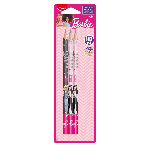Maped - Barbie HB Pencil with Eraser Head - Pack of 6 - Wooden Pencils with Eras