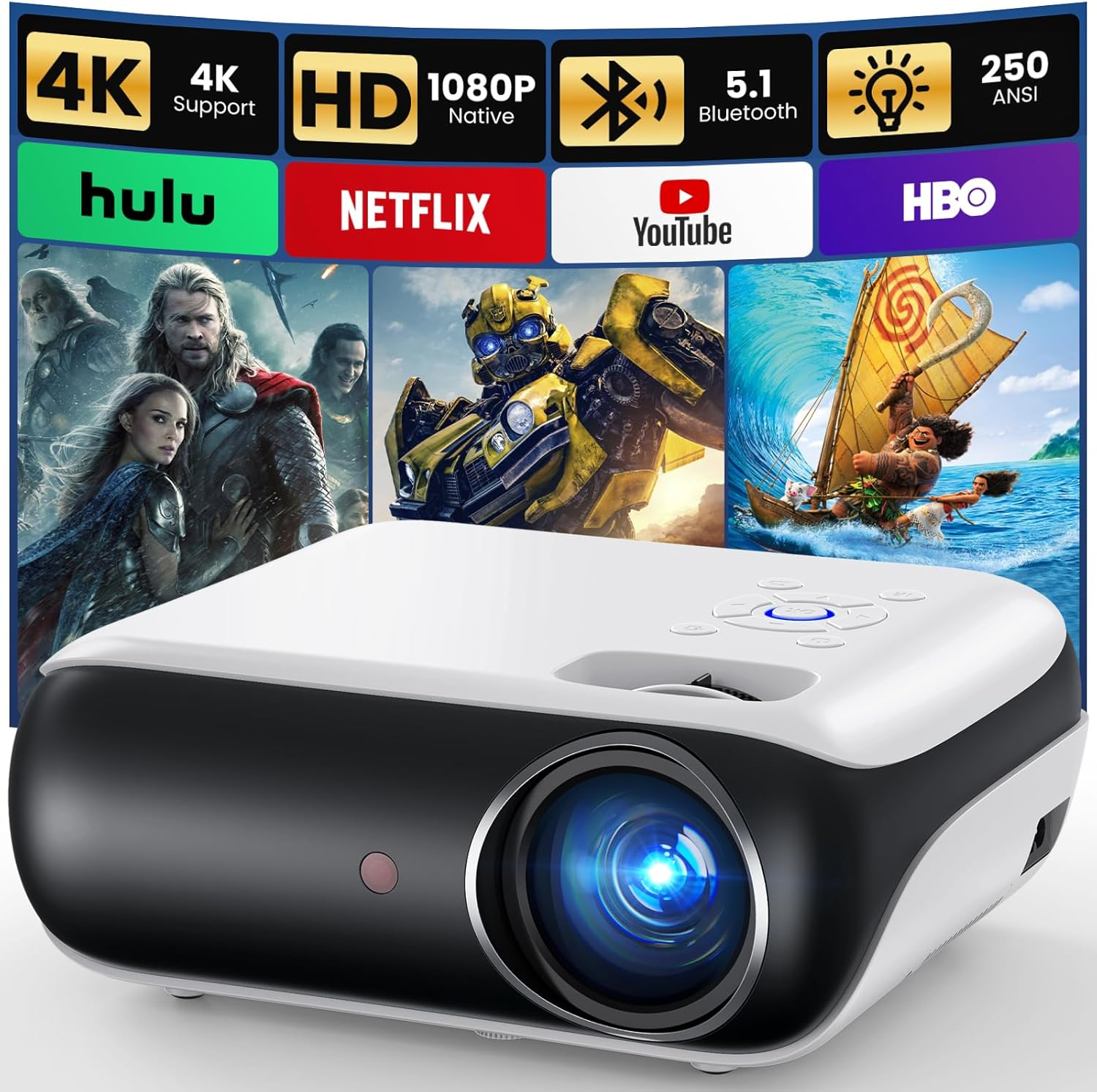 HAPPRUN Projector, Bluetooth Projector 1080p, Portable Outdoor Projector With Sp