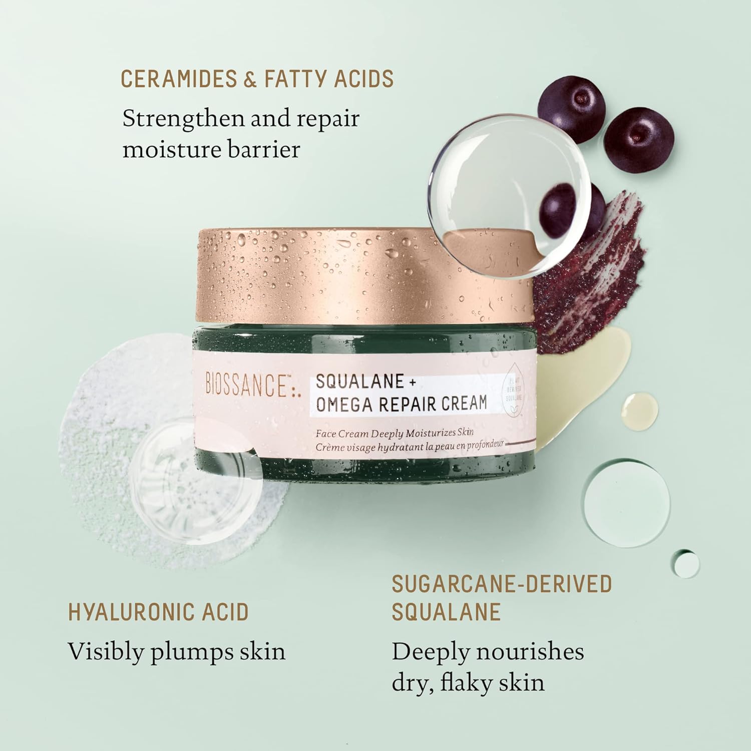 BIOSSANCE Squalane + Omega Repair Cream – Ultra-Moisturizing Face Cream with Hya