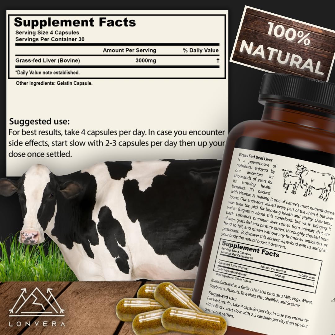 Lonvera Grass-Fed Beef Liver Supplement 3000mg – Freeze-Dried Desiccated Organs 