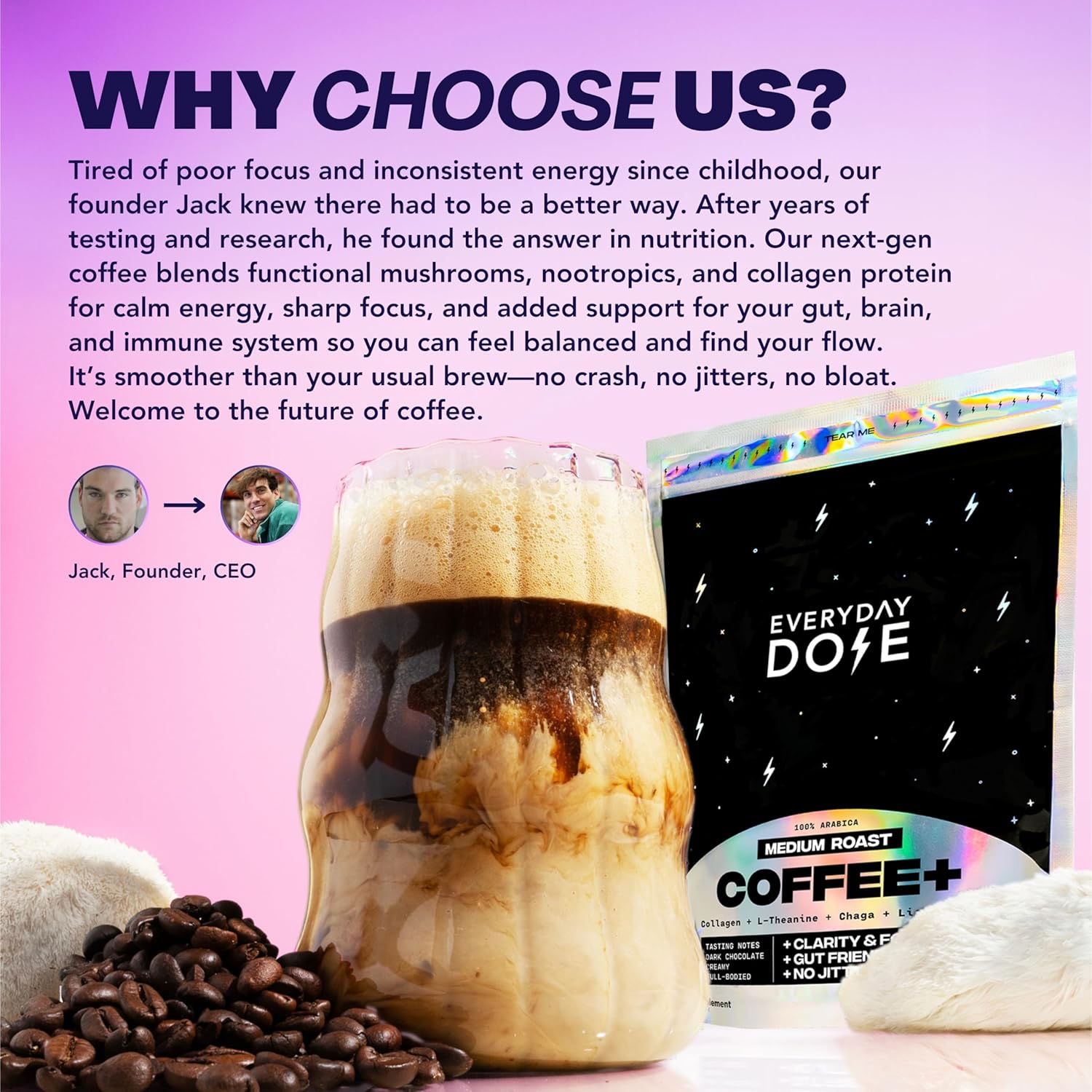 Everyday Dose Bold Mushroom Coffee – Medium Roast, 90mg Caffeine, Collagen, Chag