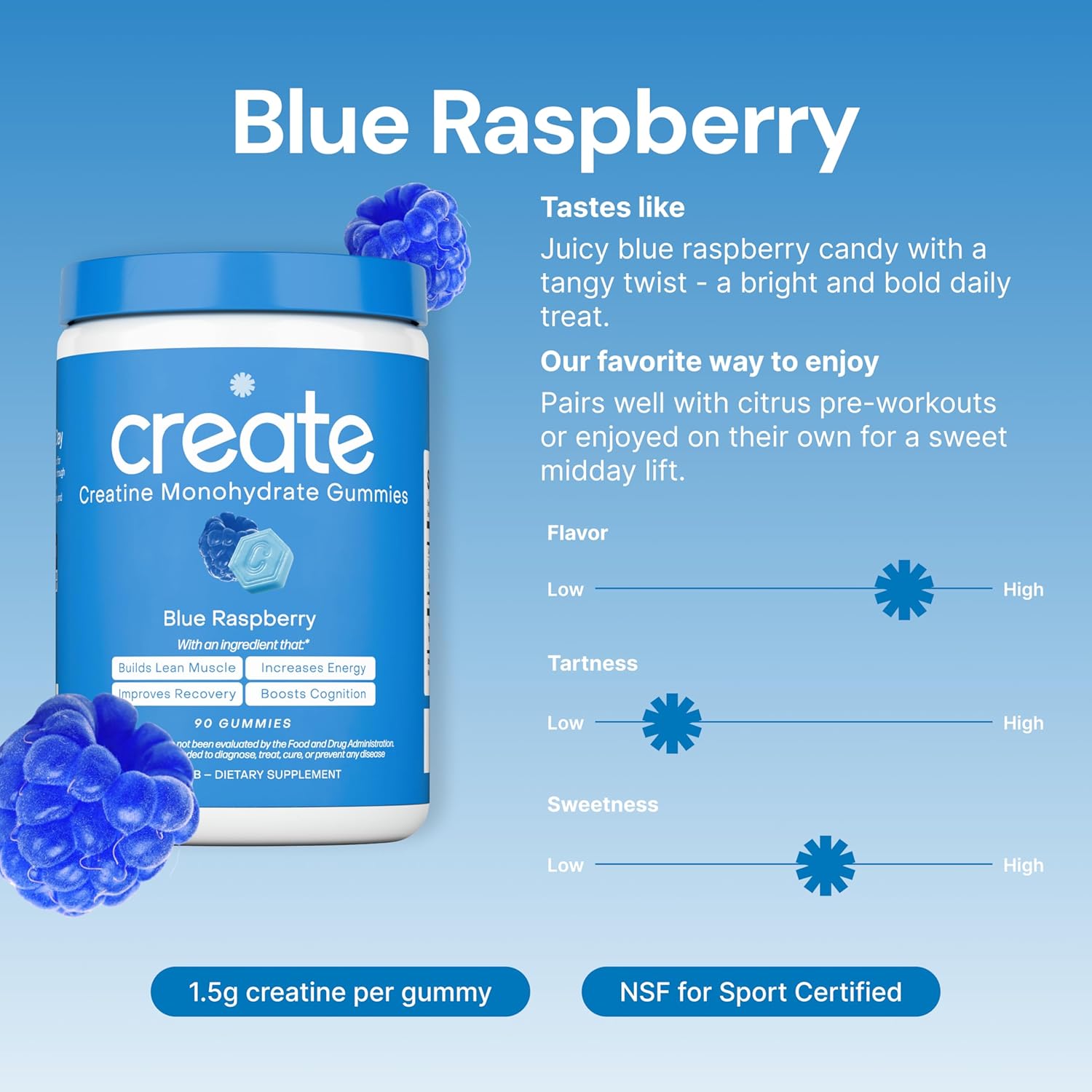 Create Creatine Monohydrate Gummies – Vegan Blue Raspberry Creatine for Men & Wo