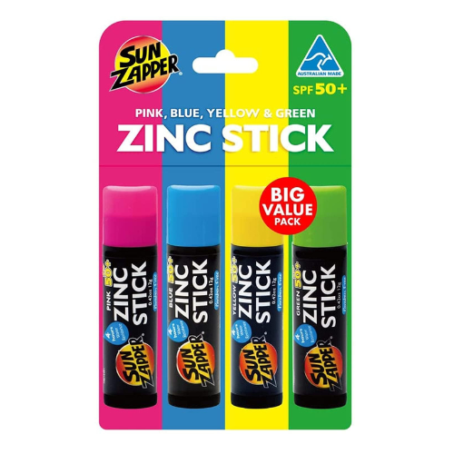 Sun Zapper Zinc Oxide Sunscreen Stick SPF 50+ – 4-Pack Tinted Sticks (Pink, Blue