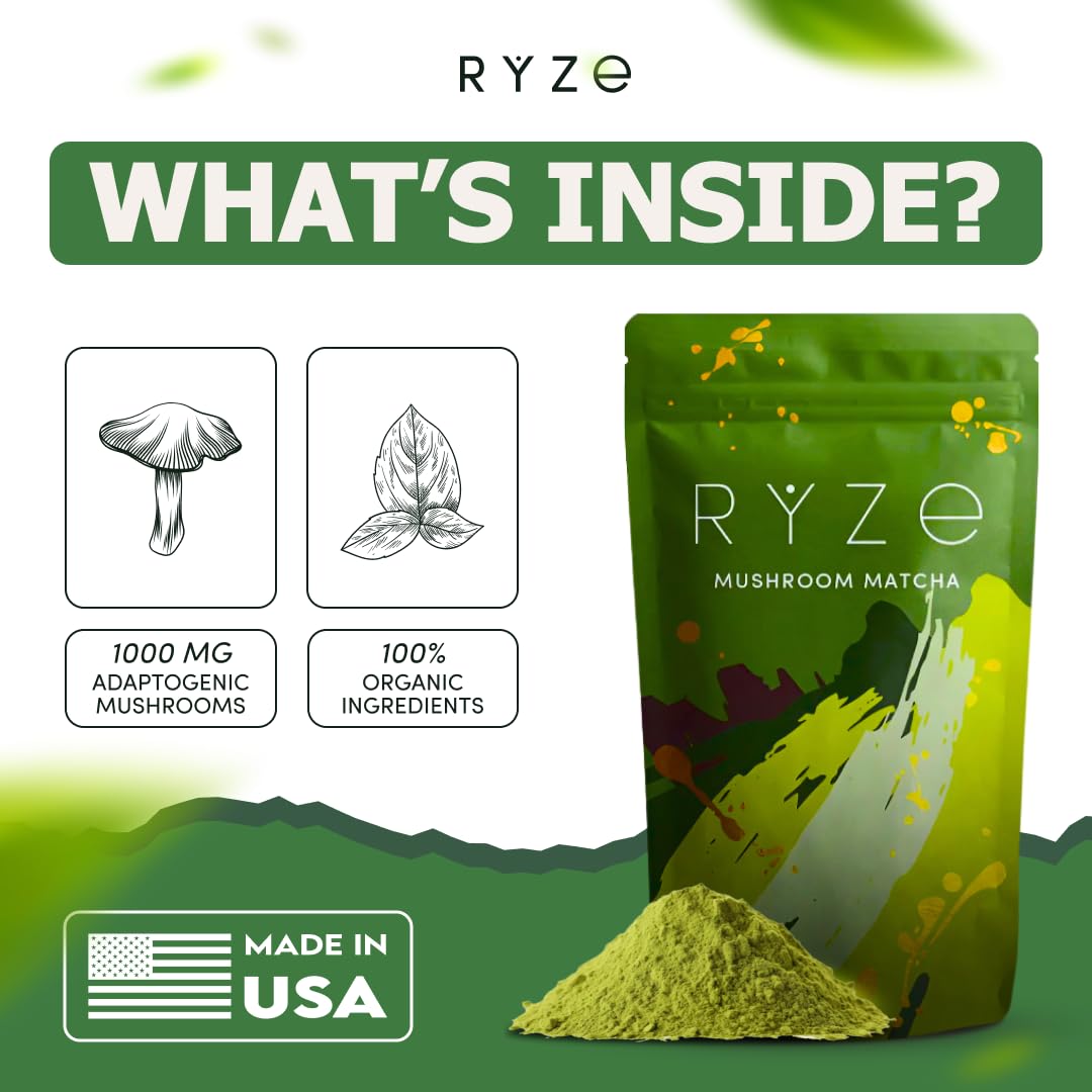 RYZE SUPERFOODS® Mushroom Matcha Powder | USDA Organic Ceremonial-Grade Matcha w