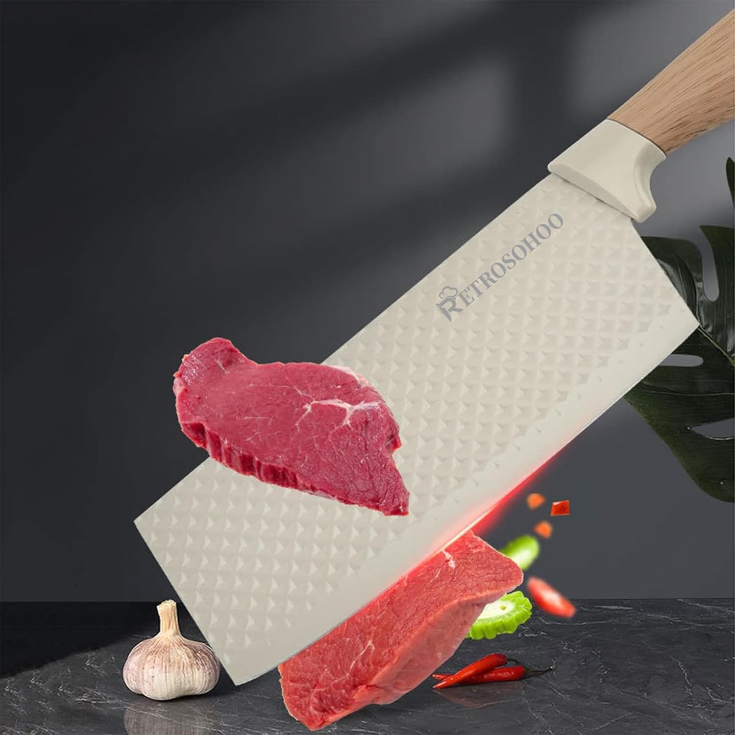 Retrosohoo 6-Piece Kitchen Knife Set with Universal Block – Khaki Non-Stick, Non