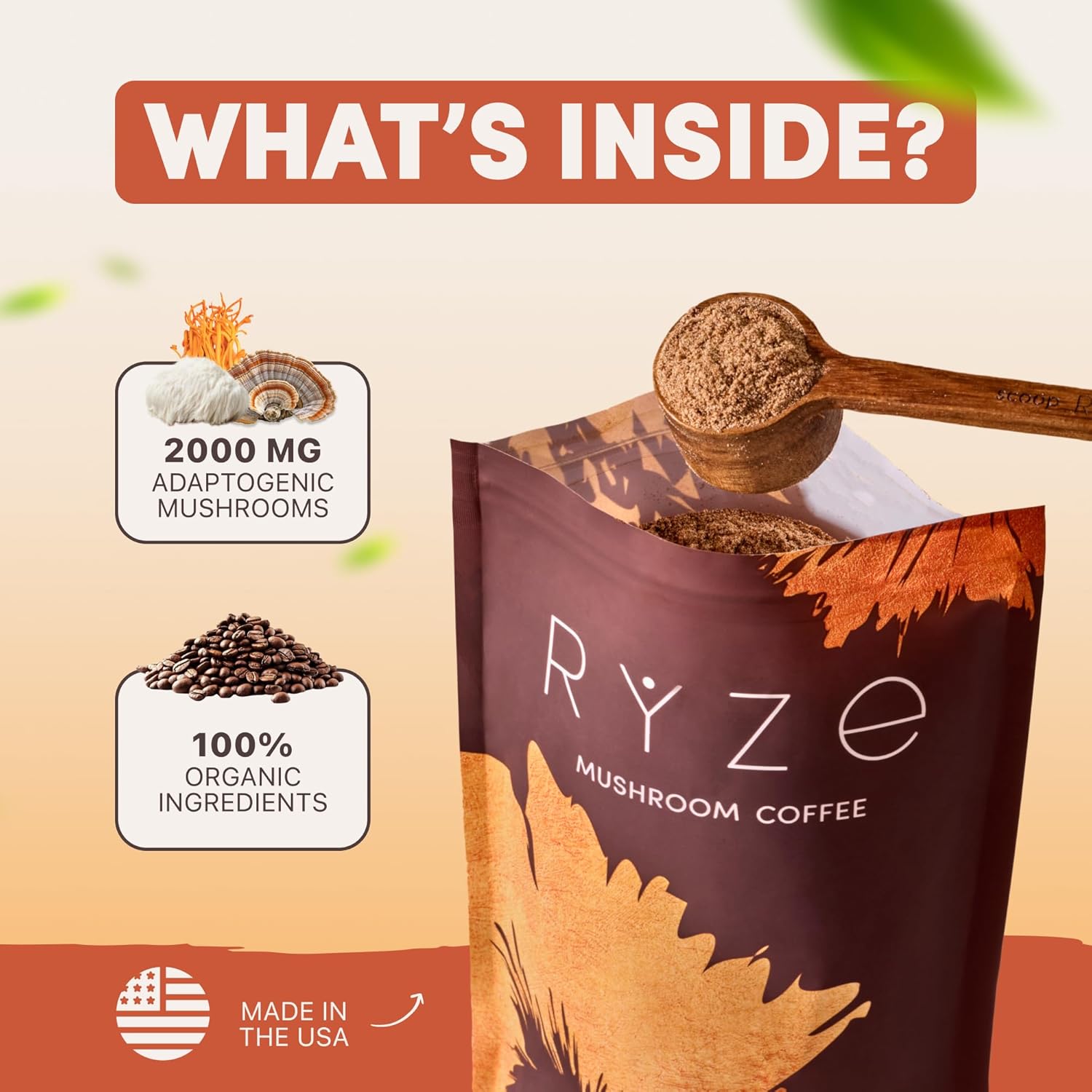 RYZE SUPERFOODS Mushroom Coffee – USDA Organic Instant Coffee with 6 Adaptogenic
