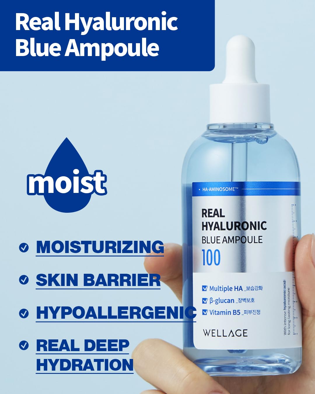 WELLAGE Real Hyaluronic Blue Ampoule 100 – Fragrance-Free Korean Hyaluronic Acid