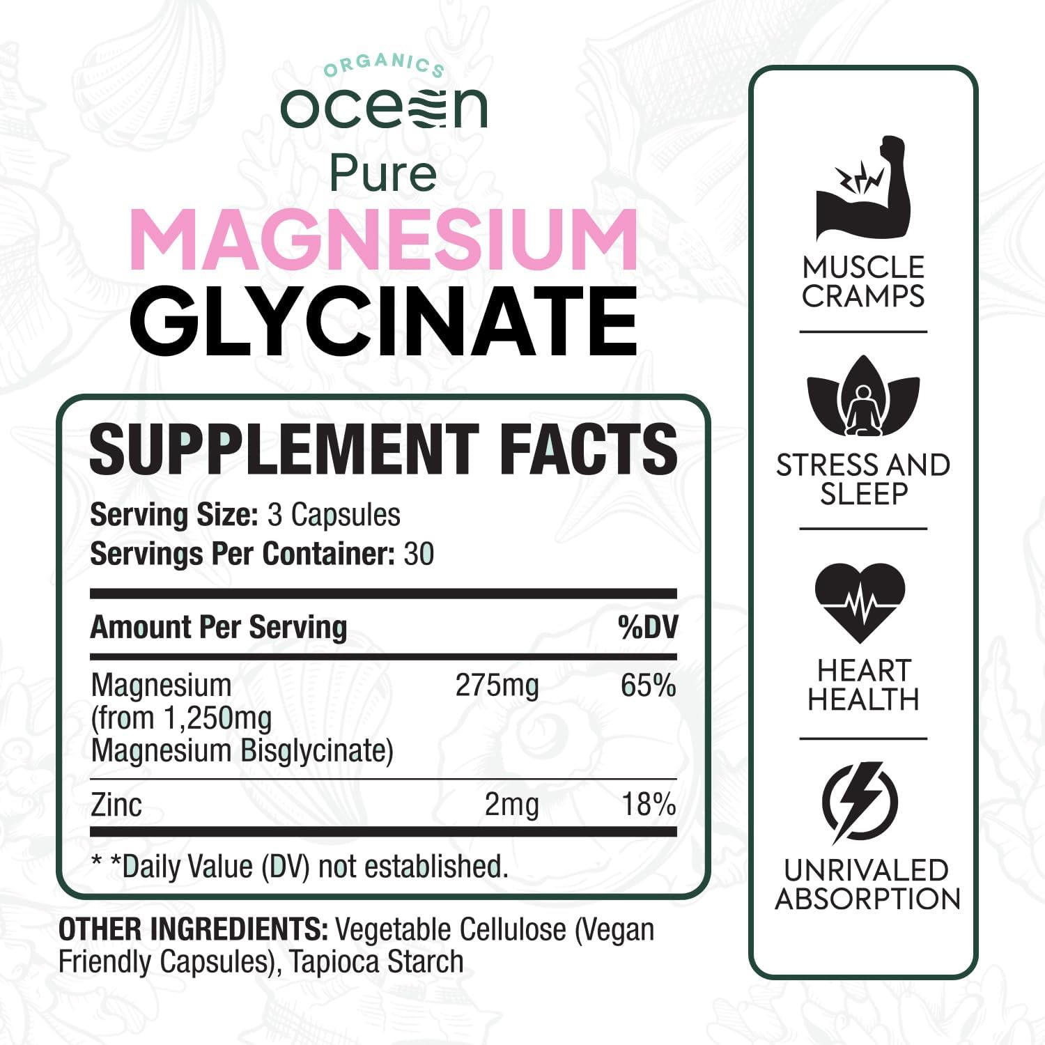 Organics Ocean Pure Magnesium Glycinate with Zinc – Maximum Strength Chelated Ma