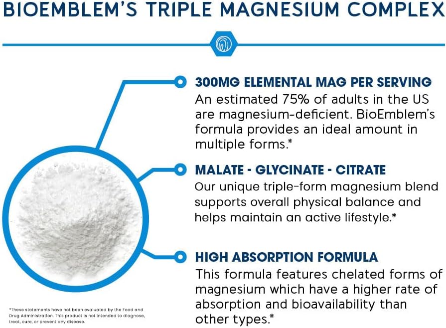 BioEmblem Triple Magnesium Complex – 300mg Glycinate, Malate & Citrate – High Ab
