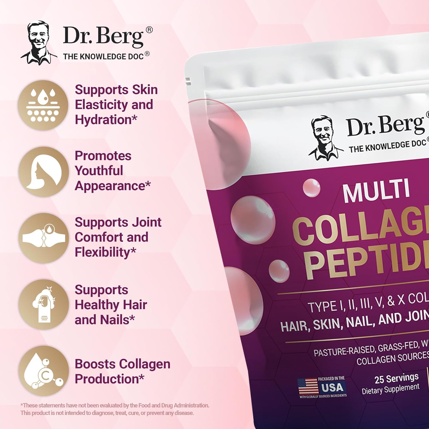 Dr. Berg Multi Collagen Peptides Powder – Types I, II, III, V & X Collagen with 