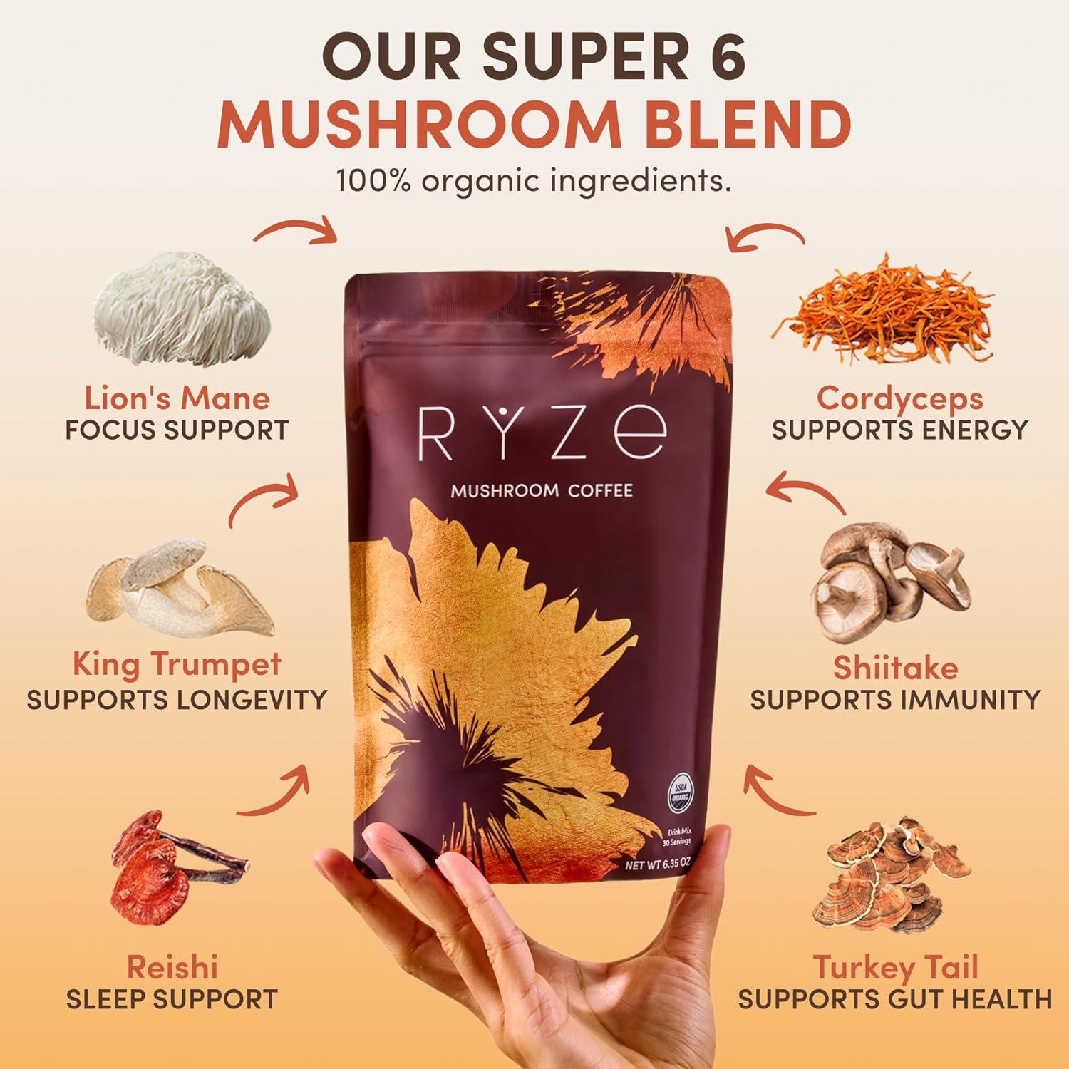 RYZE Mushroom Coffee USDA Organic with Lion’s Mane & Turkey Tail – 6 Adaptogenic