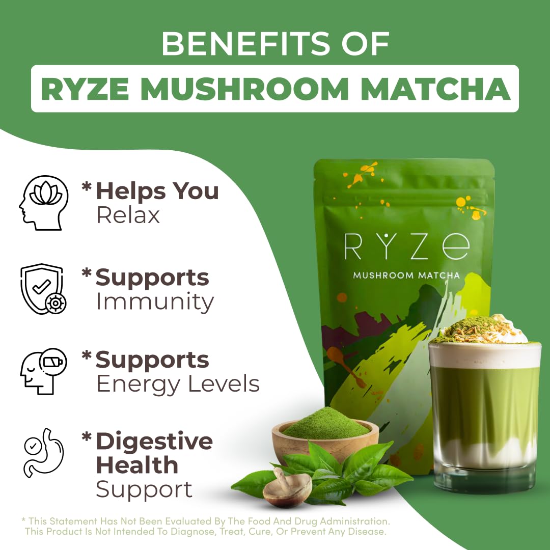 RYZE SUPERFOODS® Mushroom Matcha Powder | USDA Organic Ceremonial-Grade Matcha w