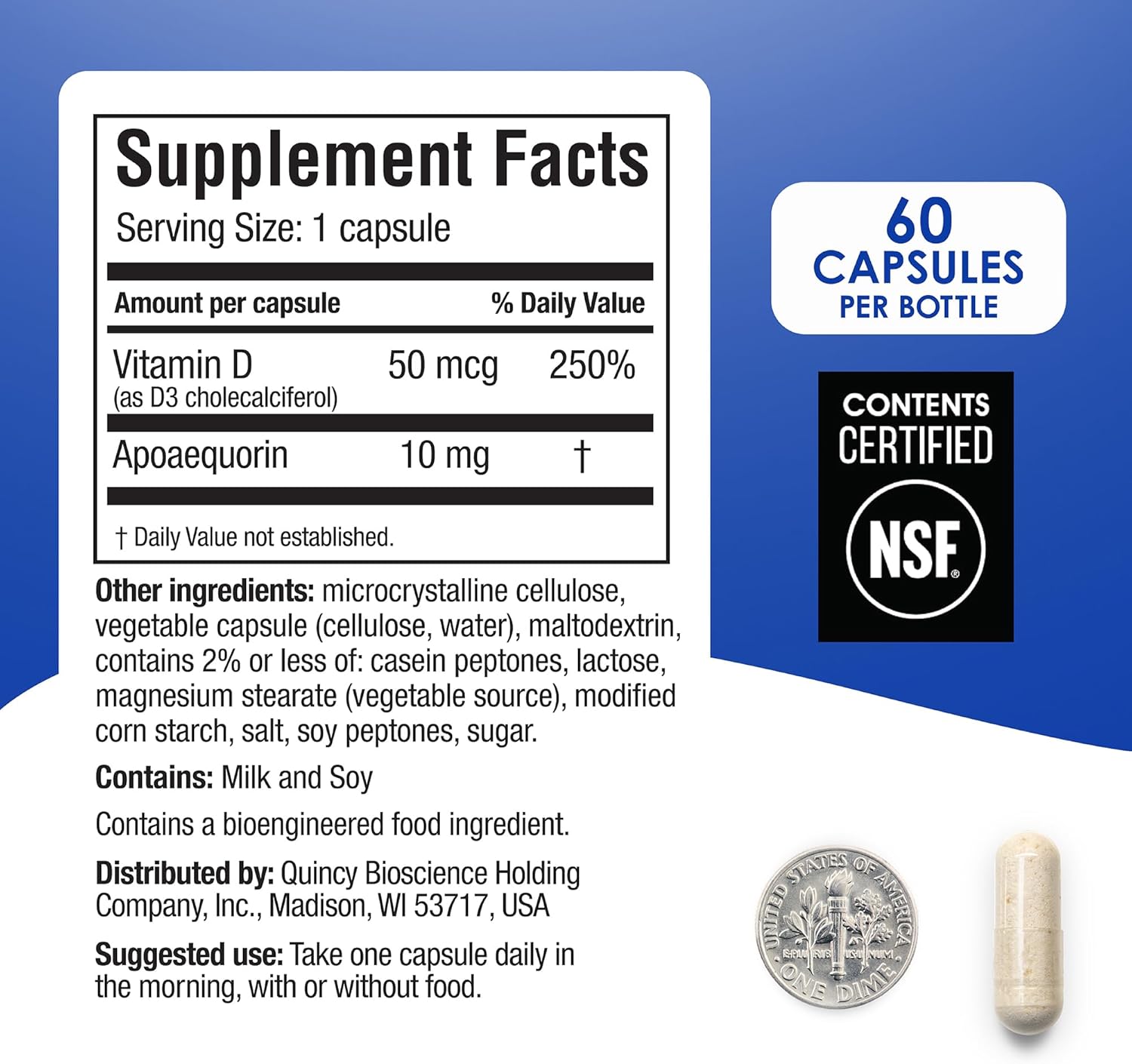 Prevagen Regular Strength Brain Supplement 60 Capsules – Apoaequorin 10mg + Vitamin D3 USA