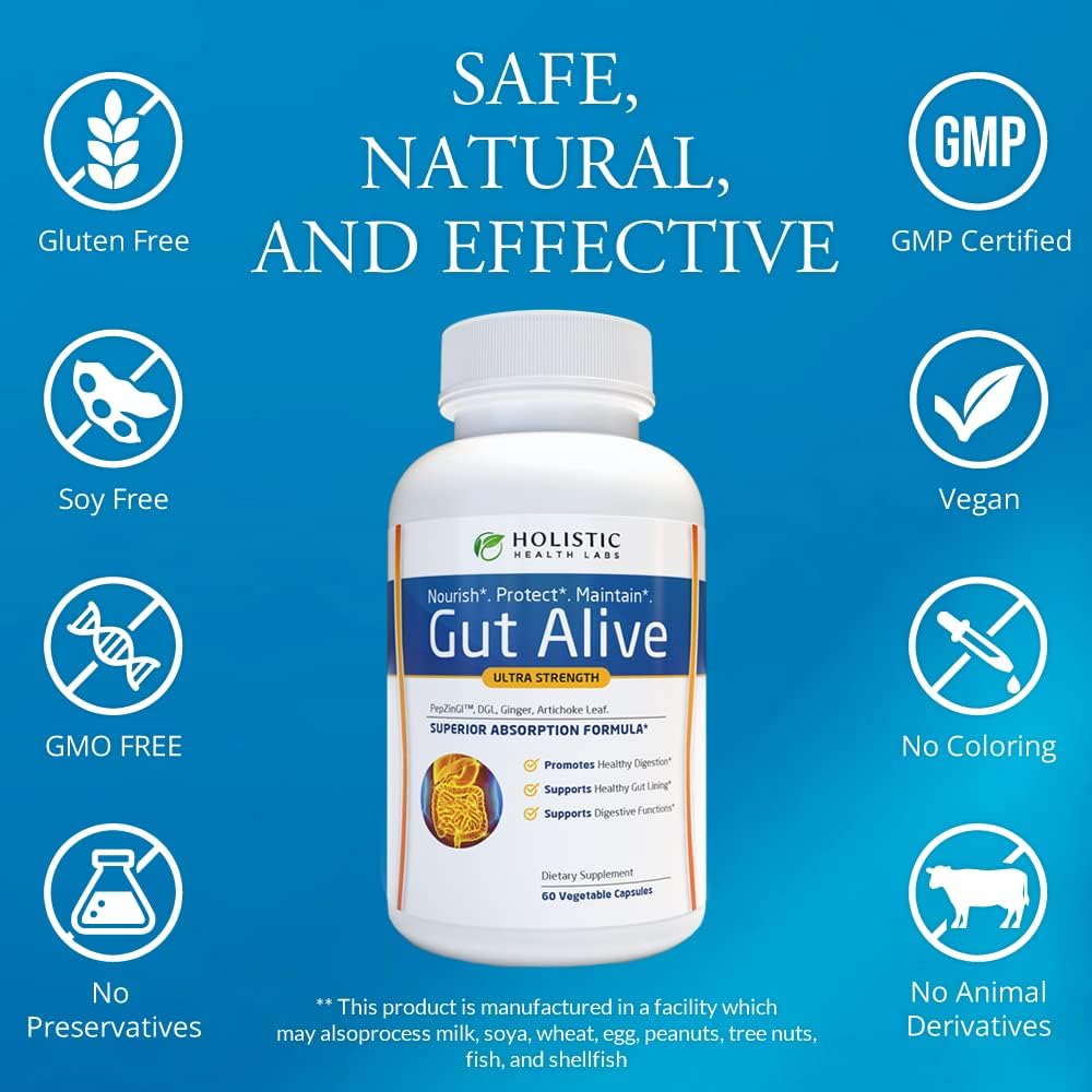 Holistic Health Labs Gut Alive Digestive Support Supplement – Natural Relief for IBS, Acid Reflux, Heartburn, Bloating & Gas (60 Capsules)