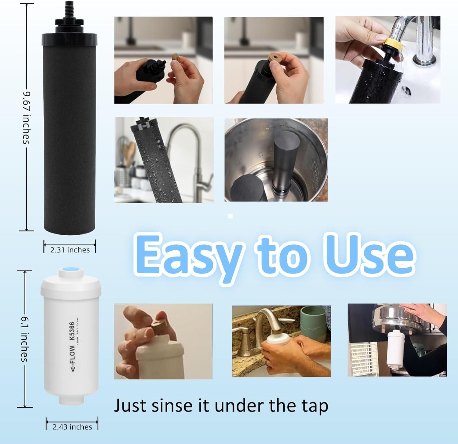 Water Filter Replacement for Berkey Systems, Compatible with BB9-2 Black & PF-2 