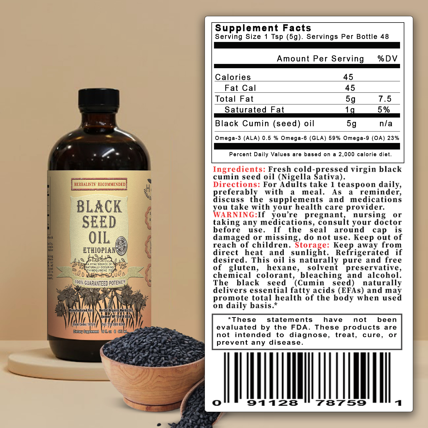Ethiopian Black Seed Oil 3.4% TQ | Cold Pressed | 100% Pure Nigella Sativa | Immune & Wellness Support